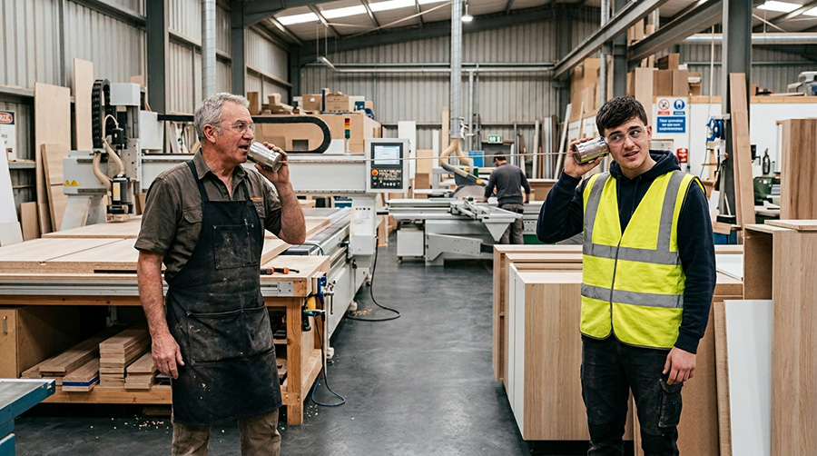 Older and younger workers using a tin-can telephone on a cabinet shop floor, illustrating workforce demographics in furniture manufacturing.